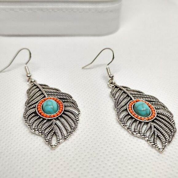 Boho Feather Turquoise Stone Dangle Statement Earrings Drop Cutout Chandelier - Picture 4 of 8